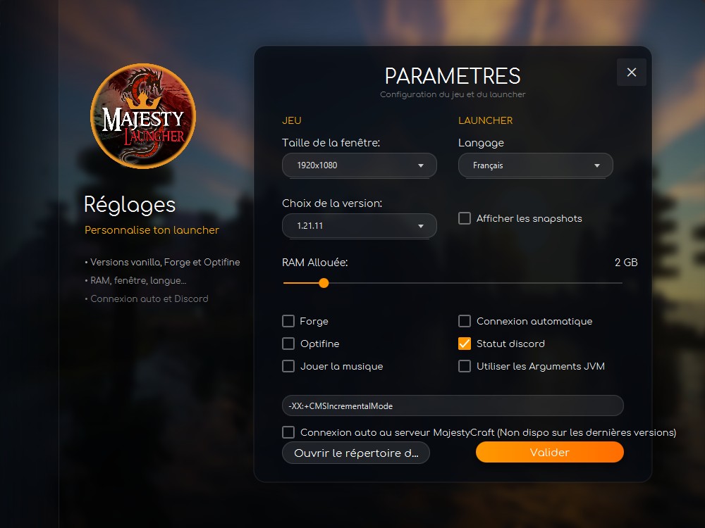 Parametres du launcher